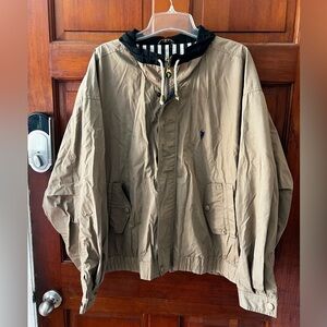 Polo East Khaki Hooded Windbreaker Jacket Men’s XL Beige Black Striped Lining